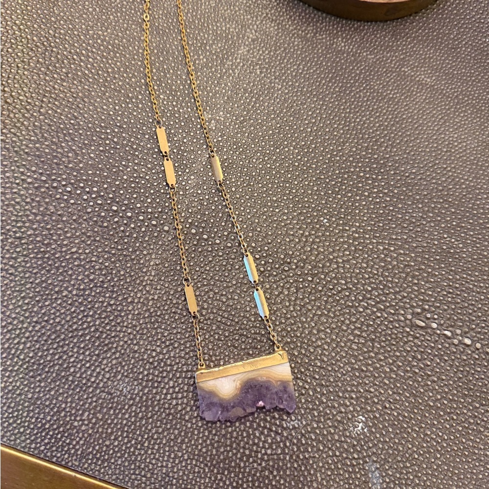 Rectangular Gold Played Amethyst Geode Slice Pend… - image 4